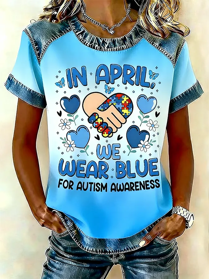 Women's In April We Wear Blue For Autism Awareness Handshake Puzzle Denim Patchwork T-Shirt