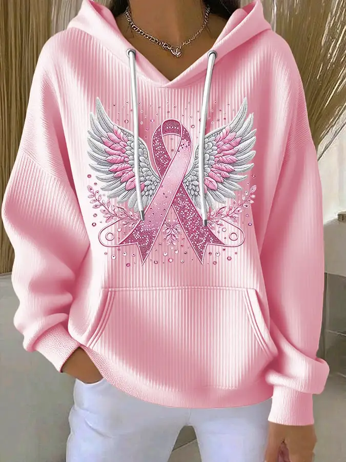 Women's Casual Pink Contrast Ribbon Wings Ribbon Cotton Hoodie