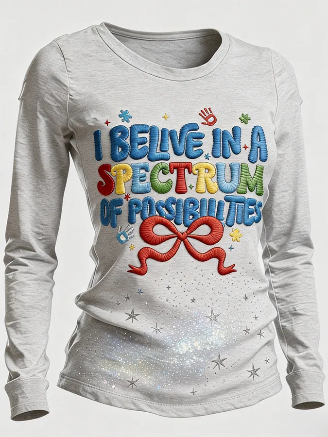 Women's I Believe In A Spectrum Of Possibilities Bow Star Embroidered Long Sleeve T-Shirt Women's I Believe In A Spectr