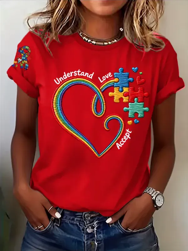 Women's Retro Understand Love Accept Autism Awareness Printed T-Shirt