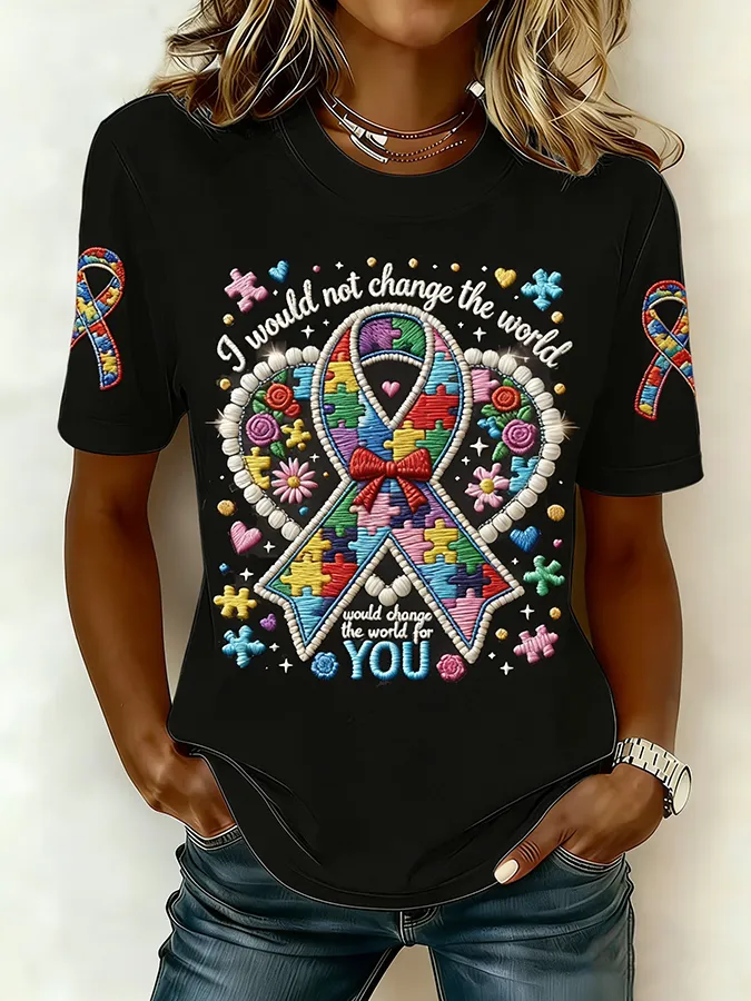 Ladies' Leisure Attention To Autism, Acceptance, Understanding, Love, Public Welfare, Printed Gradient Round Neck T-Shir