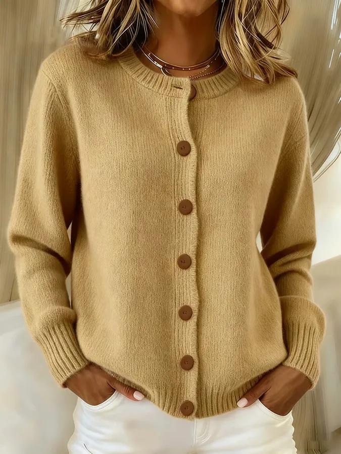 Women's Casual Retro Solid Color Knitted Cardigan