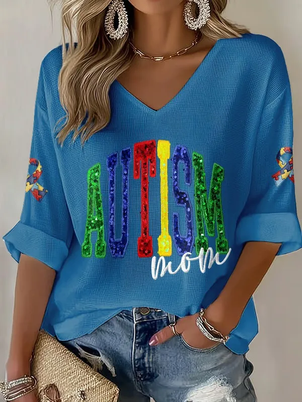 Women's Autism Awareness Print V Neck Top
