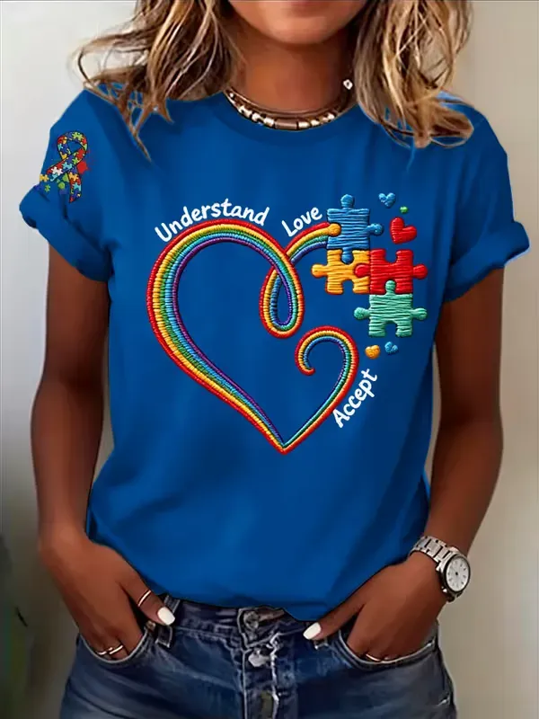 Women's Retro Understand Love Accept Autism Awareness Printed T-Shirt