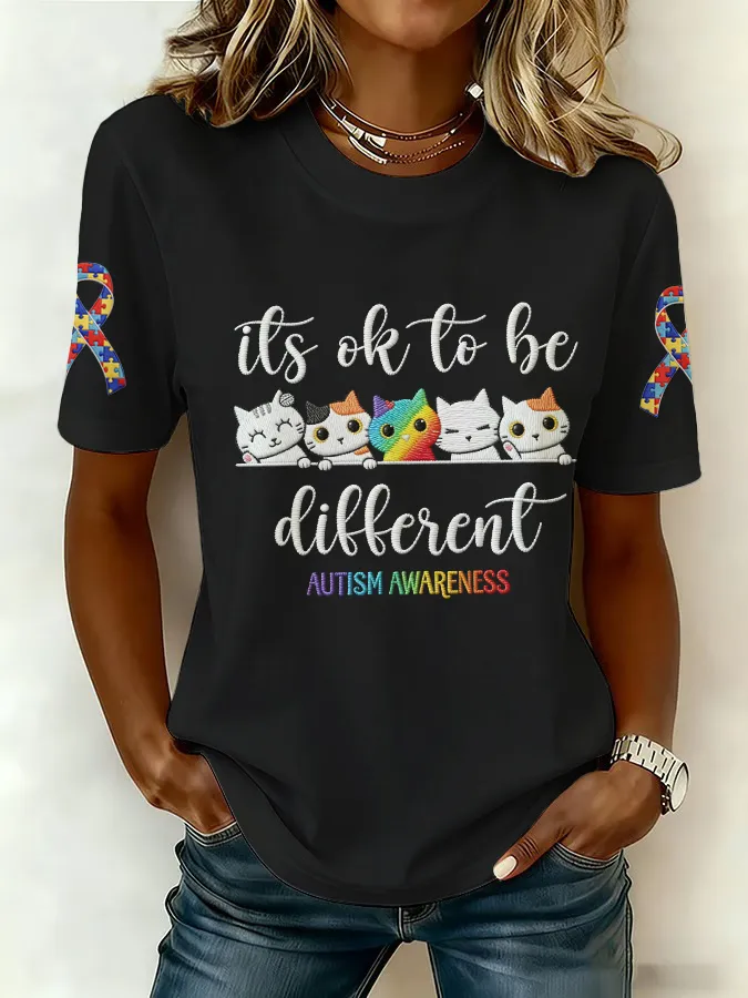 Ladies' Leisure Attention To Autism, Acceptance, Understanding, Love, Public Welfare Printed Round Neck T-Shirt