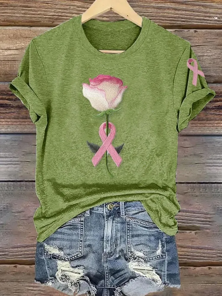 Women's Pink Breast Cancer Floral Print T-Shirt