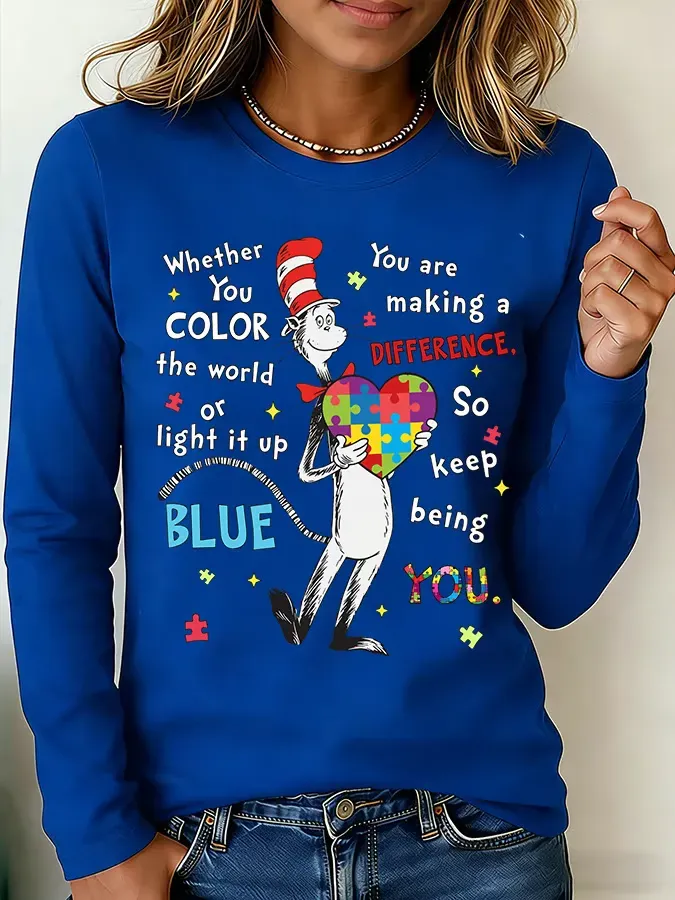 Women's Casual Autism Awareness Printed Long-Sleeve T-Shirt