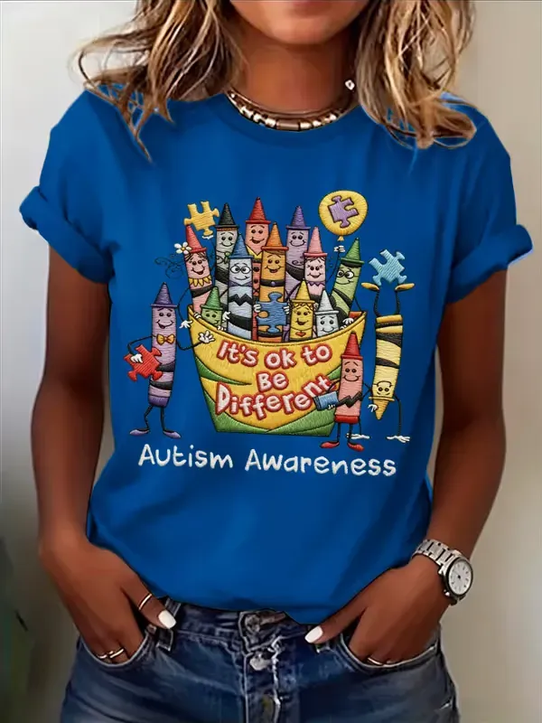 Women's Casual Autism Awareness Printed Short-Sleeve T-Shirt