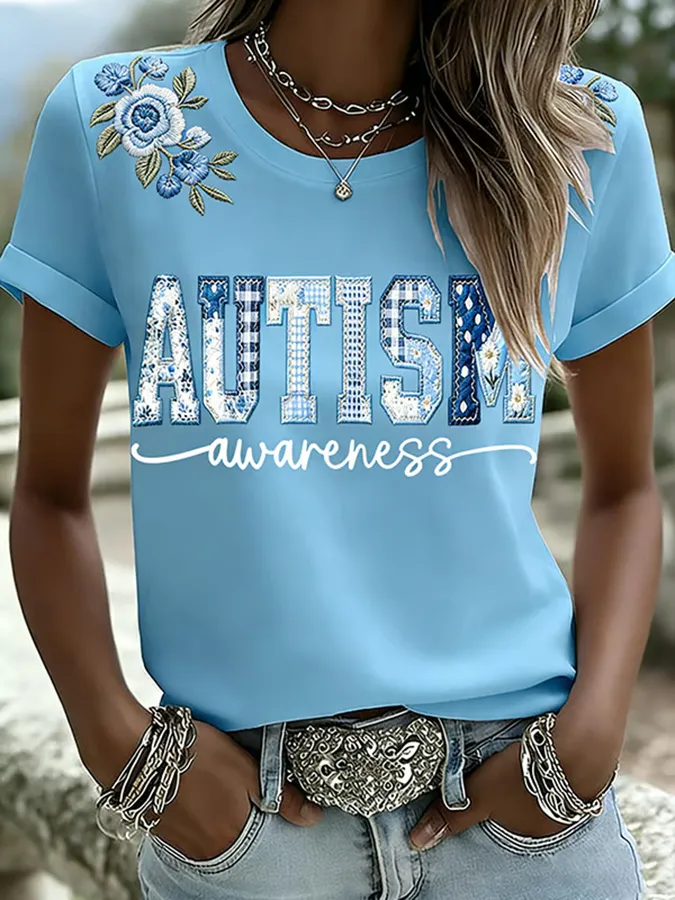 Ladies' Leisure Attention To Autism, Acceptance, Understanding, Love, Public Welfare, Printed Gradient Round Neck T-Shir