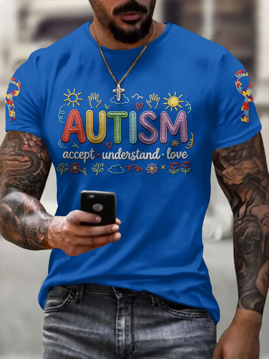 Men'S Leisure Attention Autism Reception Understanding Love Public Welfare Printed Round Neck T-Shirt