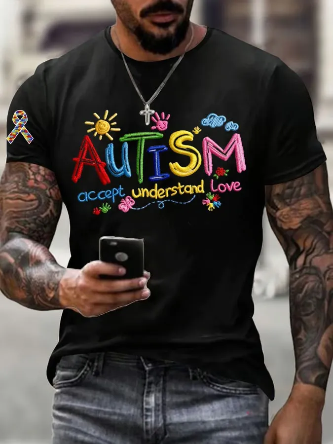 Men's Autism Accept Understand Love Autism Awareness Print T-shirt