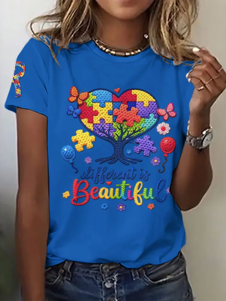 Ladies' Leisure Attention To Autism, Acceptance, Understanding, Love, Public Welfare Printed Round Neck T-Shirt