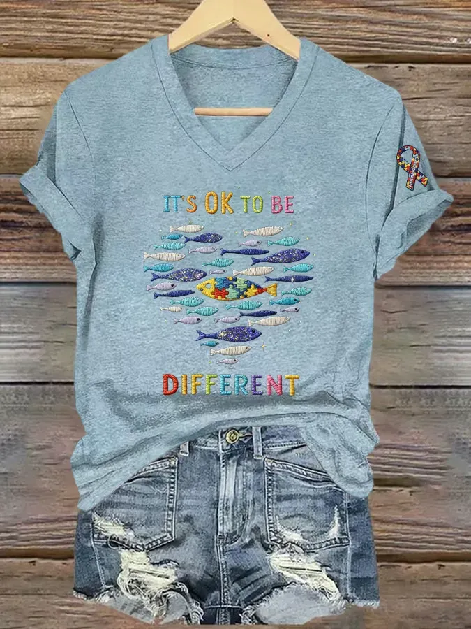 Women's Casual Autism Awareness Printed V-Neck T-Shirt