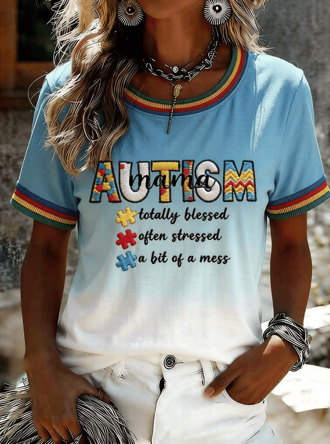Women's "Autism Mom" ​​Printed Casual Crewneck T-Shirt