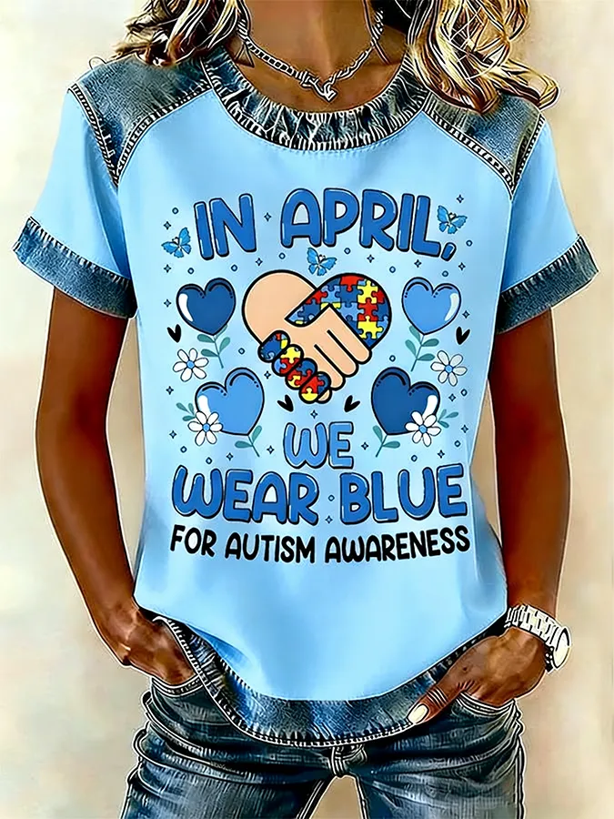 Women's In April We Wear Blue For Autism Awareness Handshake Puzzle Denim Patchwork T-Shirt