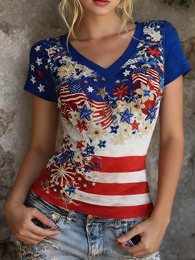 Women's American 250th Anniversary Print Casual V-Neck Top