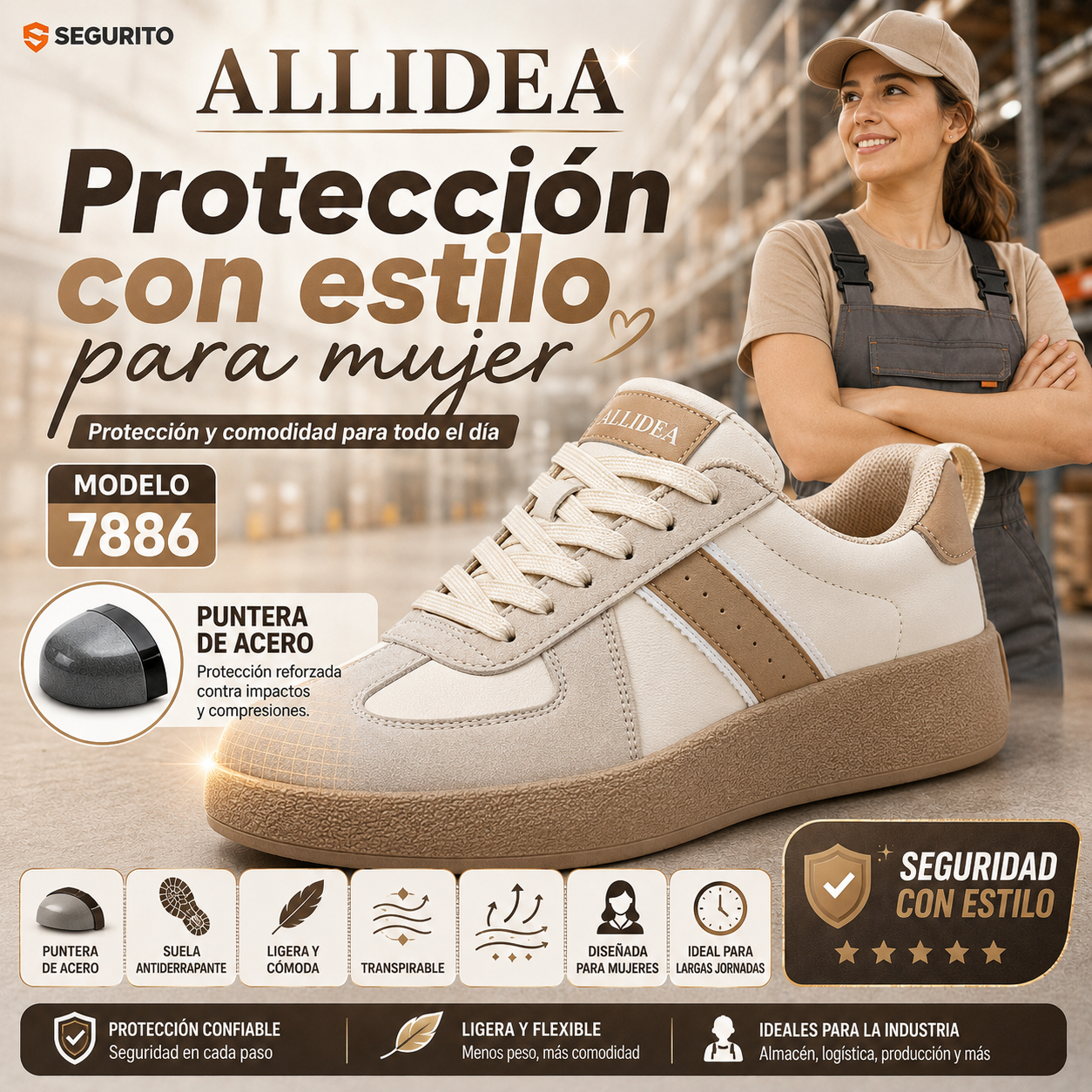 ALLIDEA 7886  Zapatos de Seguridad para Mujer Casuales Antiderrapantes NOM-113
