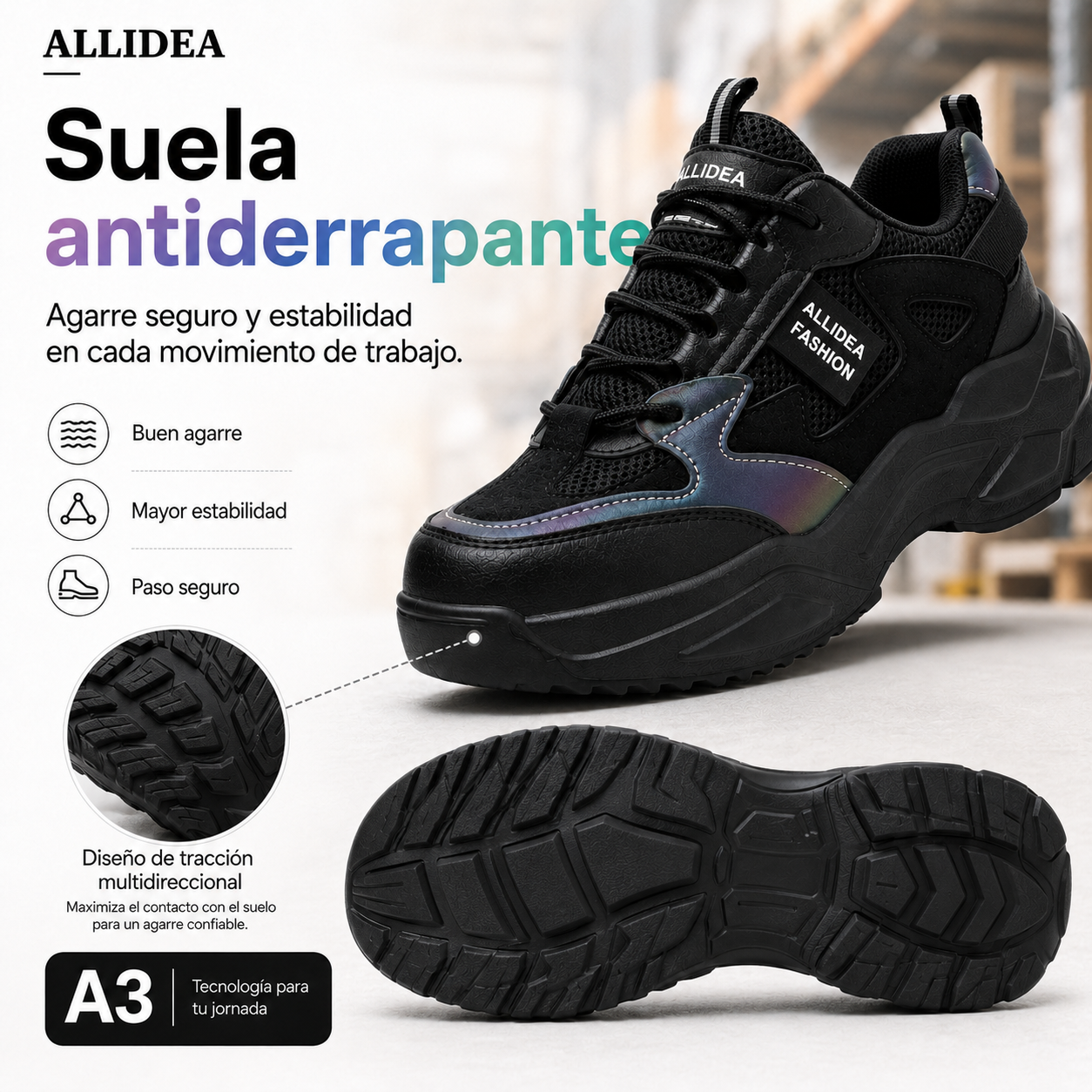 ALLIDEA A3 Negro | Zapato de Seguridad para Mujer Ligero Antiderrapante NOM-113