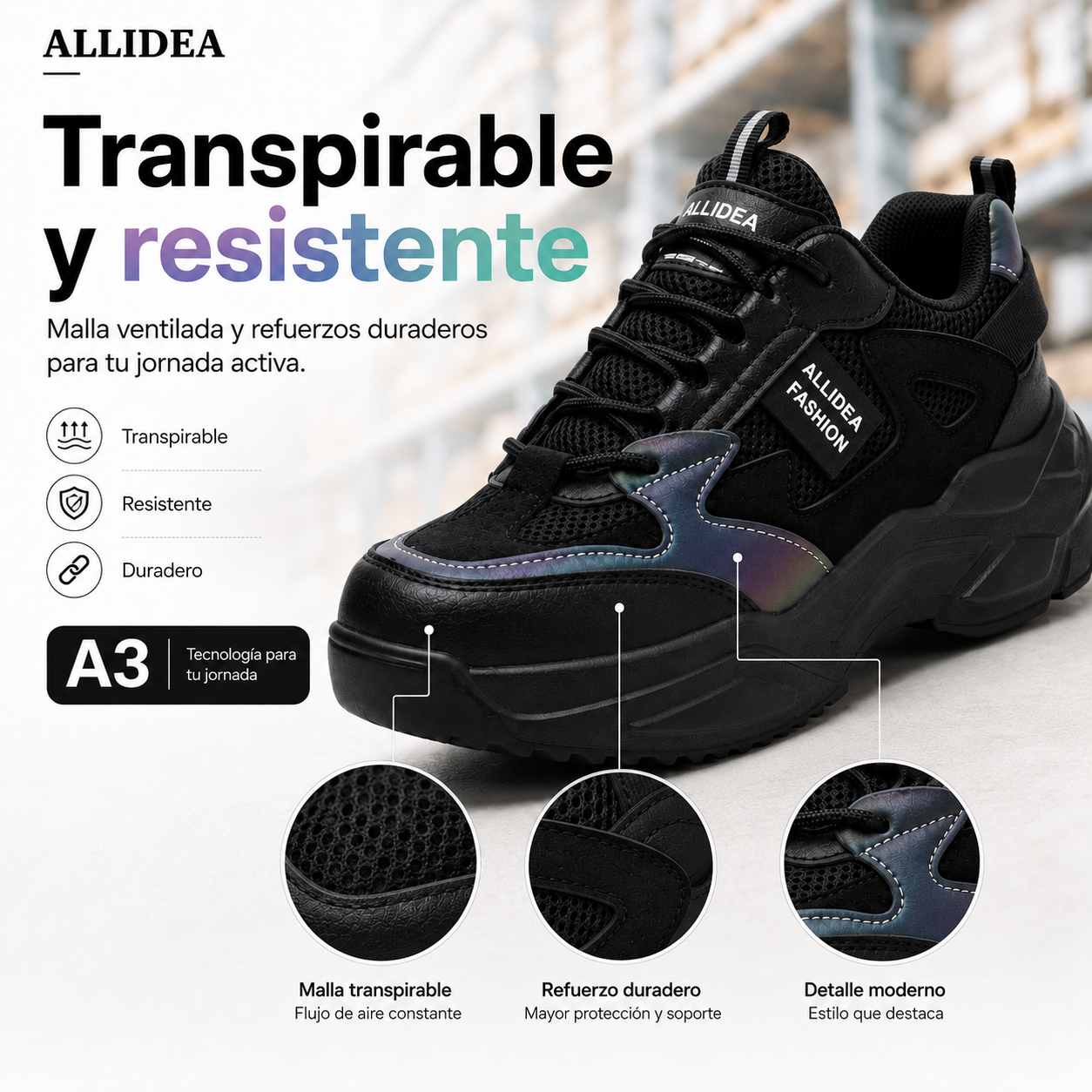 ALLIDEA A3 Negro | Zapato de Seguridad para Mujer Ligero Antiderrapante NOM-113