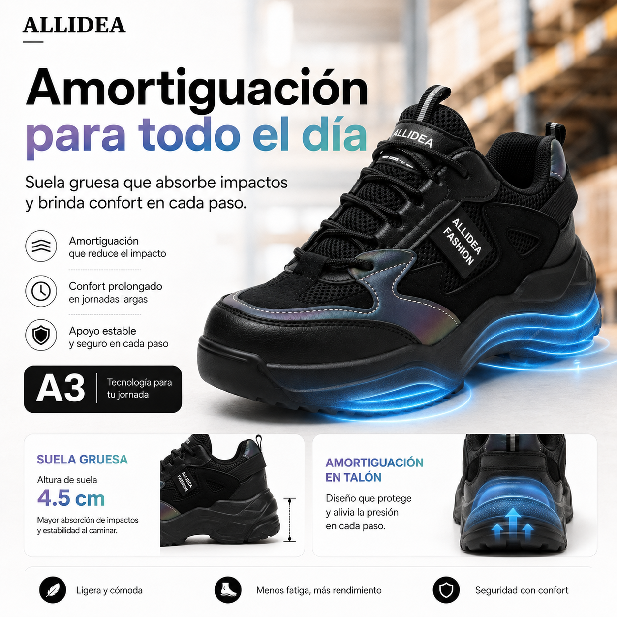ALLIDEA A3 Negro | Zapato de Seguridad para Mujer Ligero Antiderrapante NOM-113