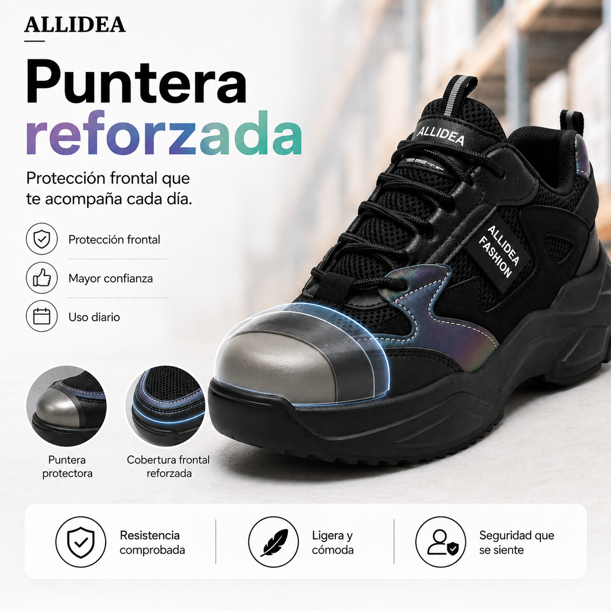 ALLIDEA A3 Negro | Zapato de Seguridad para Mujer Ligero Antiderrapante NOM-113