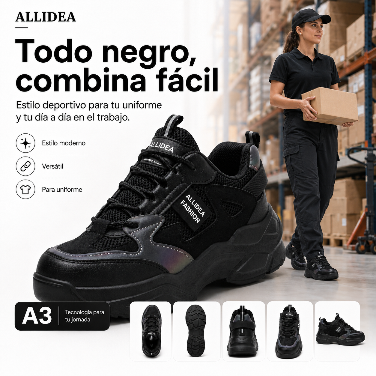 ALLIDEA A3 Negro | Zapato de Seguridad para Mujer Ligero Antiderrapante NOM-113