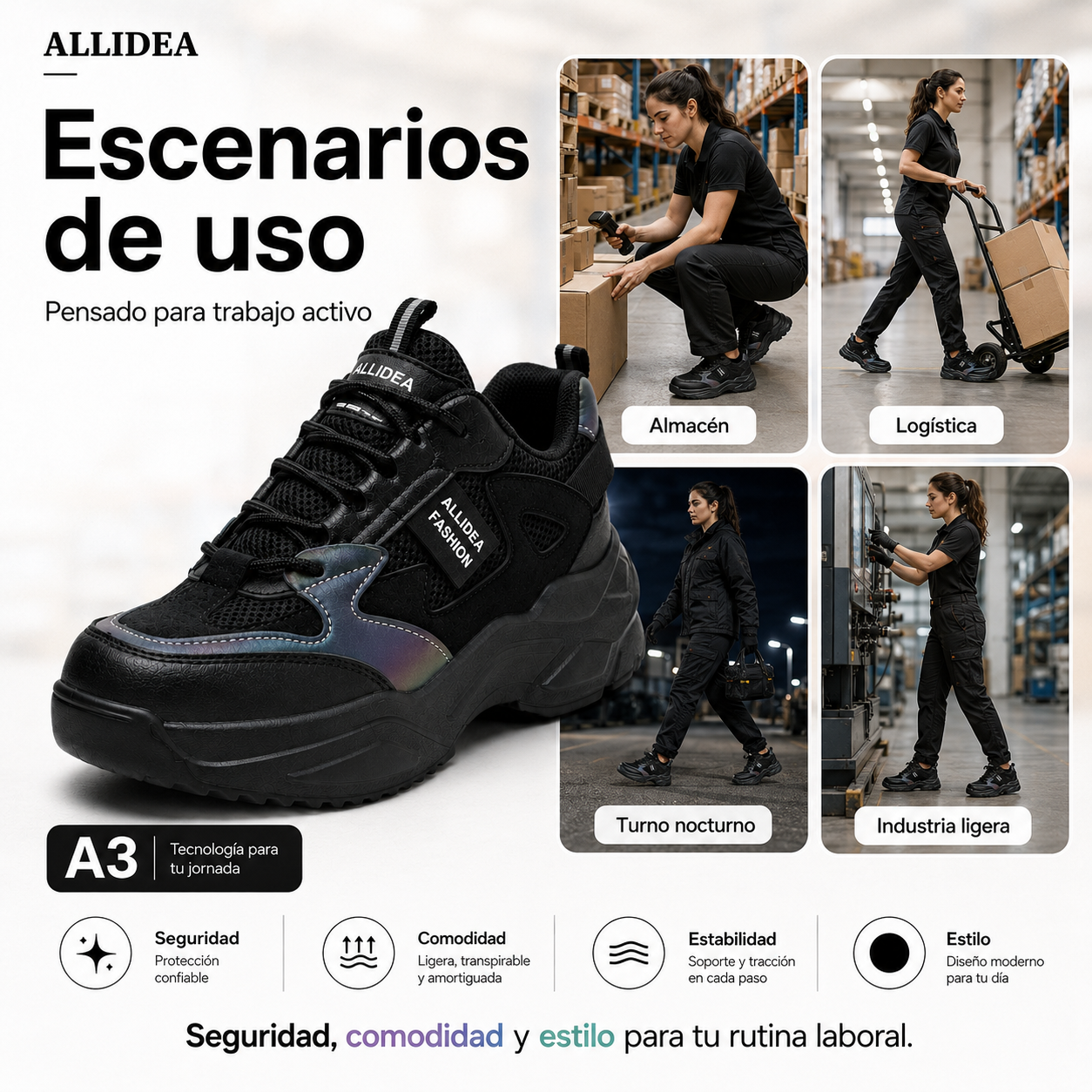 ALLIDEA A3 Negro | Zapato de Seguridad para Mujer Ligero Antiderrapante NOM-113