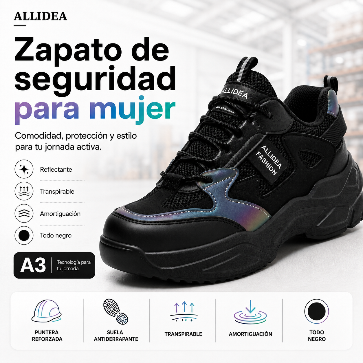 ALLIDEA A3 Negro | Zapato de Seguridad para Mujer Ligero Antiderrapante NOM-113