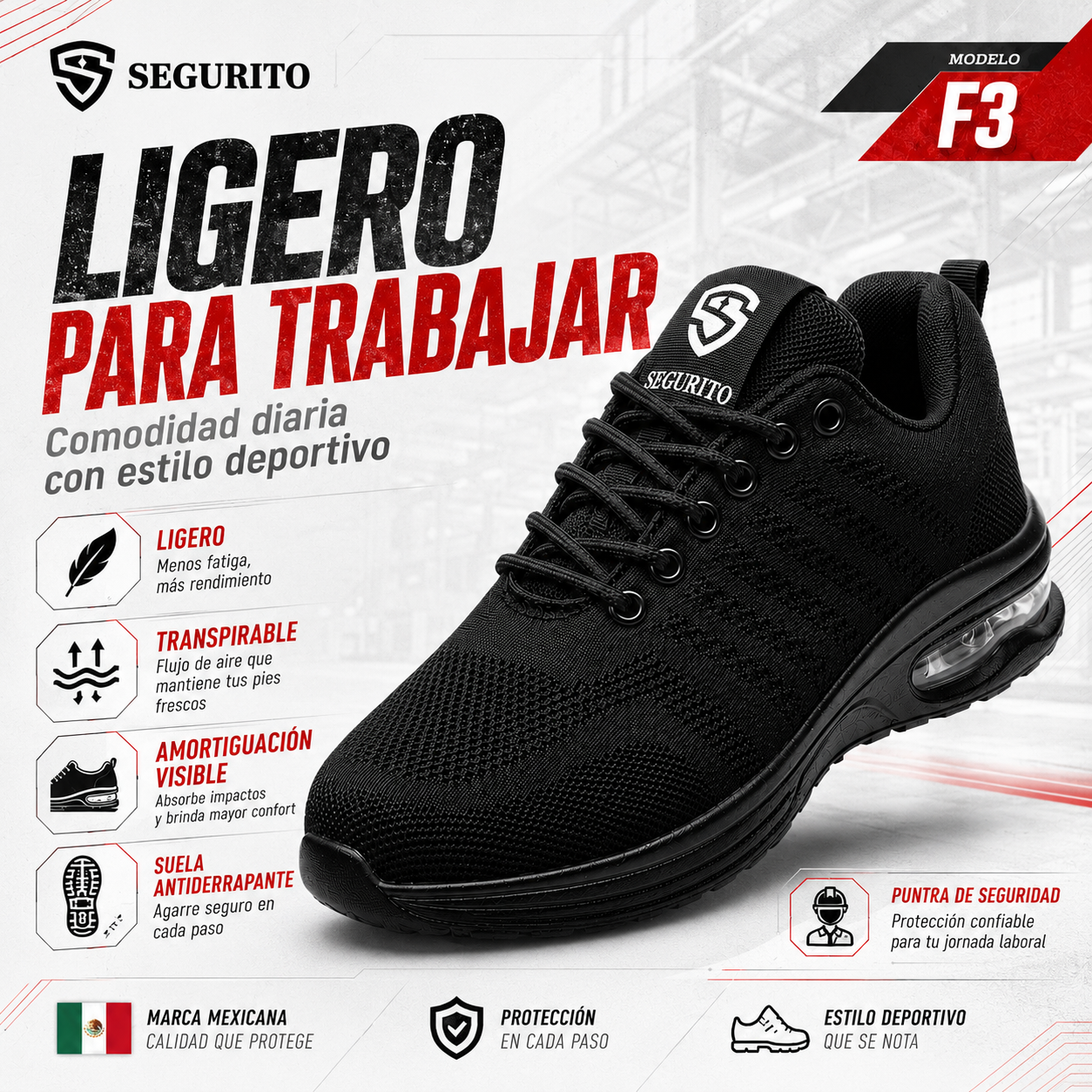 SEGURITO F3  Zapatillas Deportivas de Seguridad Casuales con Punta de Acero NOM-113