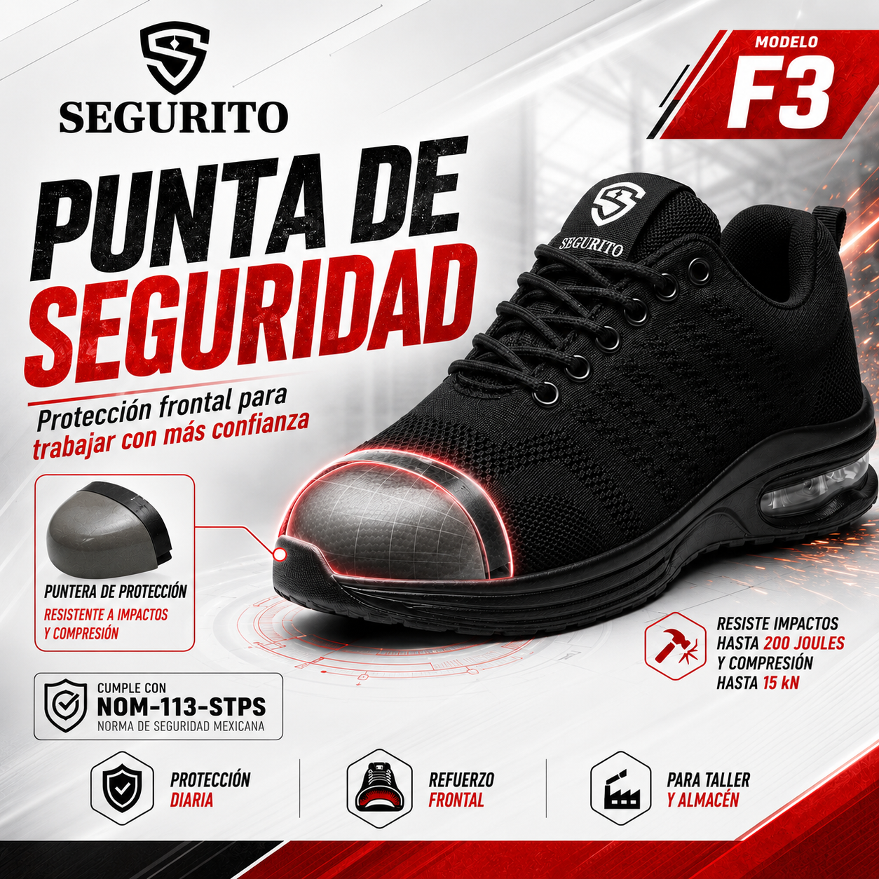 SEGURITO F3  Zapatillas Deportivas de Seguridad Casuales con Punta de Acero NOM-113