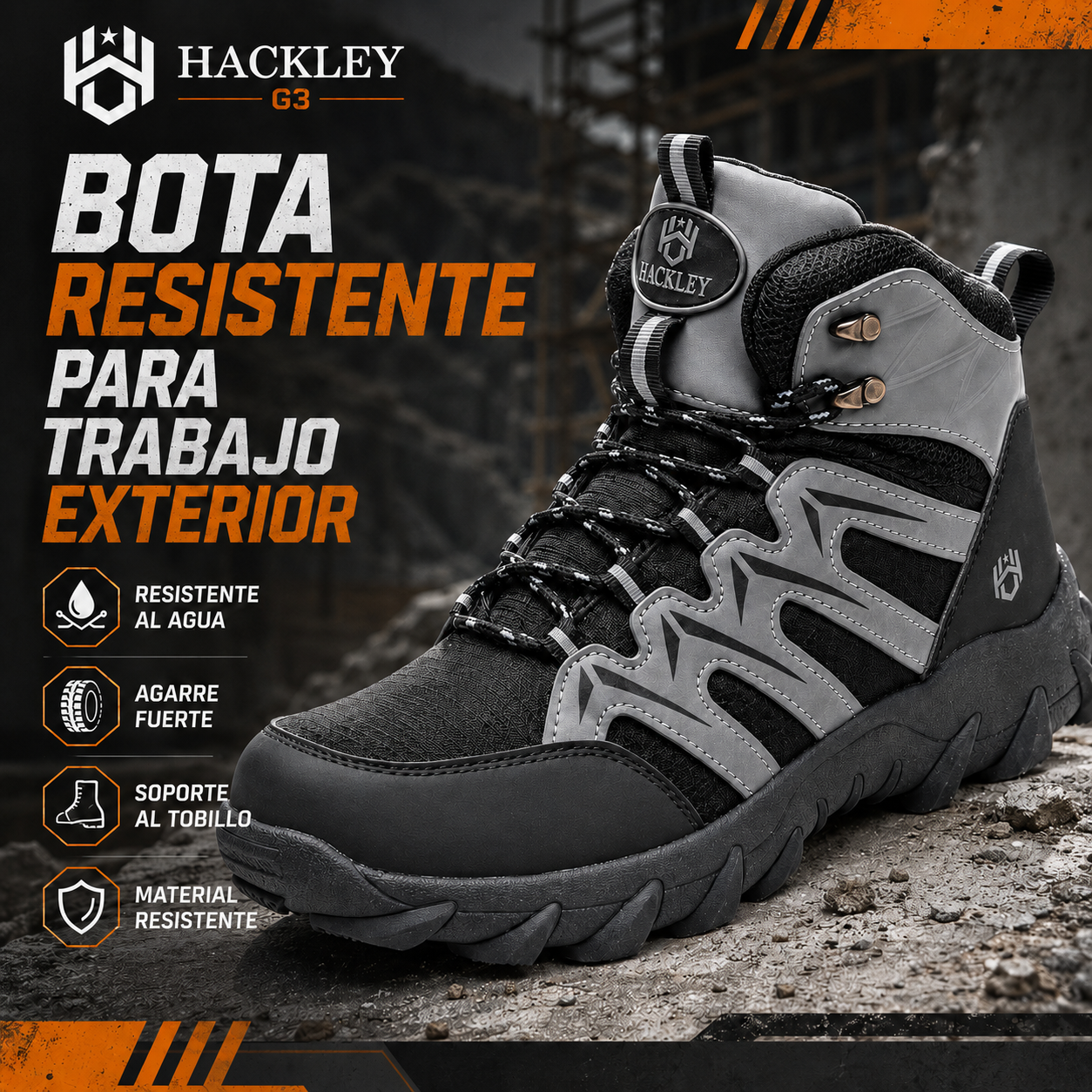 HACKLEY G3 Gris  Bota Industrial Alta Antiderrapante Punta de Acero NOM-113