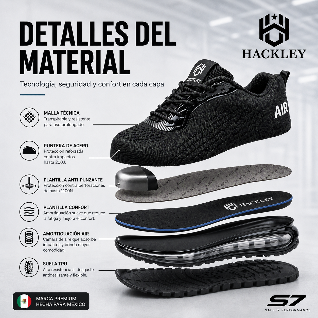 HACKLEY S7  Zapato Industrial Ligero Antiderrapante Punta de Acero NOM-113