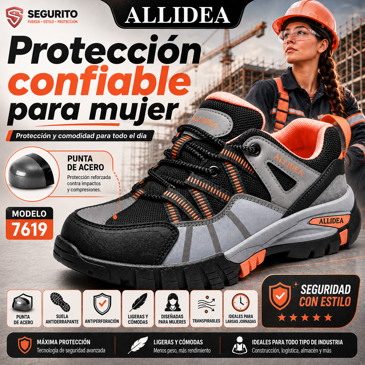 ALLIDEA 7619 |Zapatos de Seguridad para Mujer Deportivos Altos Punta de Acero NOM-113