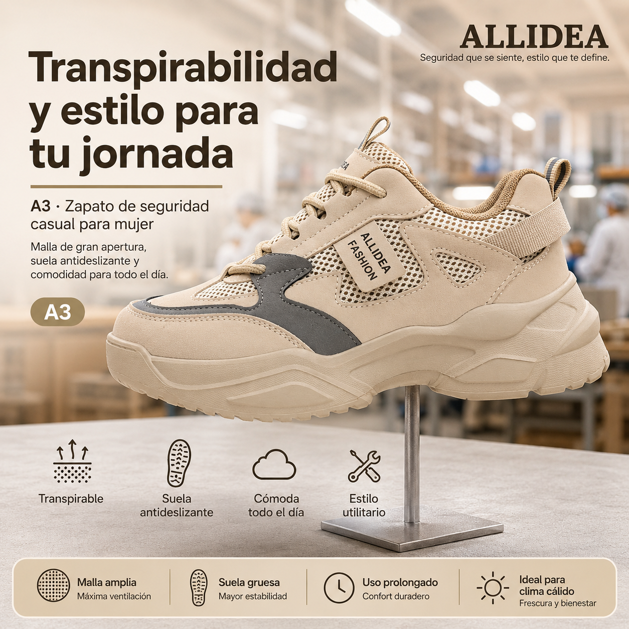 ALLIDEA A3 Caqui Zapato de Seguridad para Mujer Ligero Antiderrapante NOM-113
