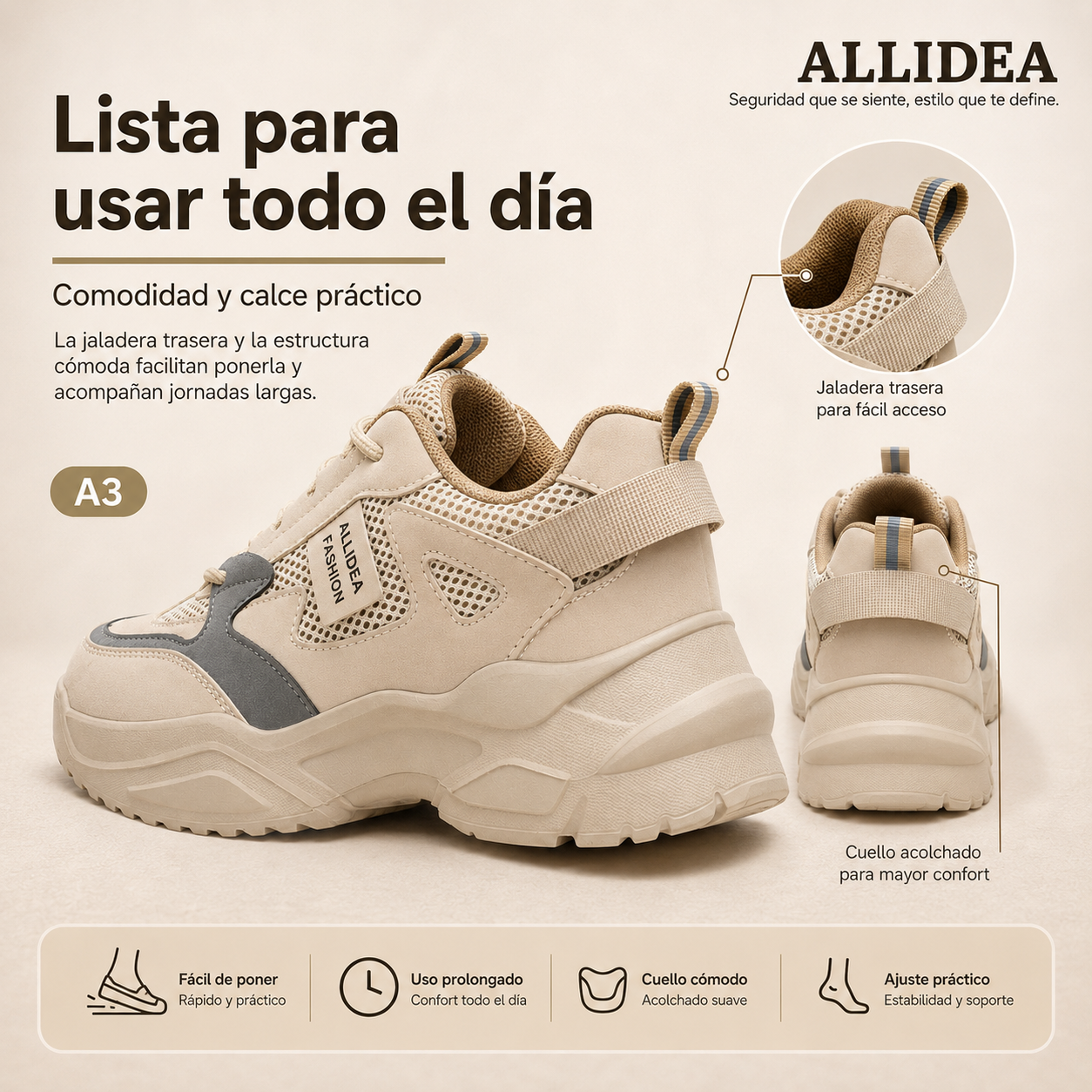 ALLIDEA A3 Caqui Zapato de Seguridad para Mujer Ligero Antiderrapante NOM-113