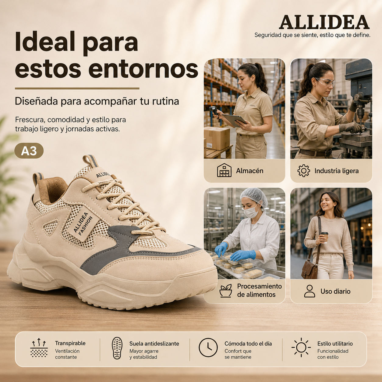ALLIDEA A3 Caqui Zapato de Seguridad para Mujer Ligero Antiderrapante NOM-113