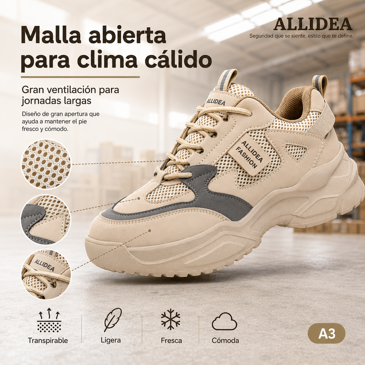 ALLIDEA A3 Caqui Zapato de Seguridad para Mujer Ligero Antiderrapante NOM-113
