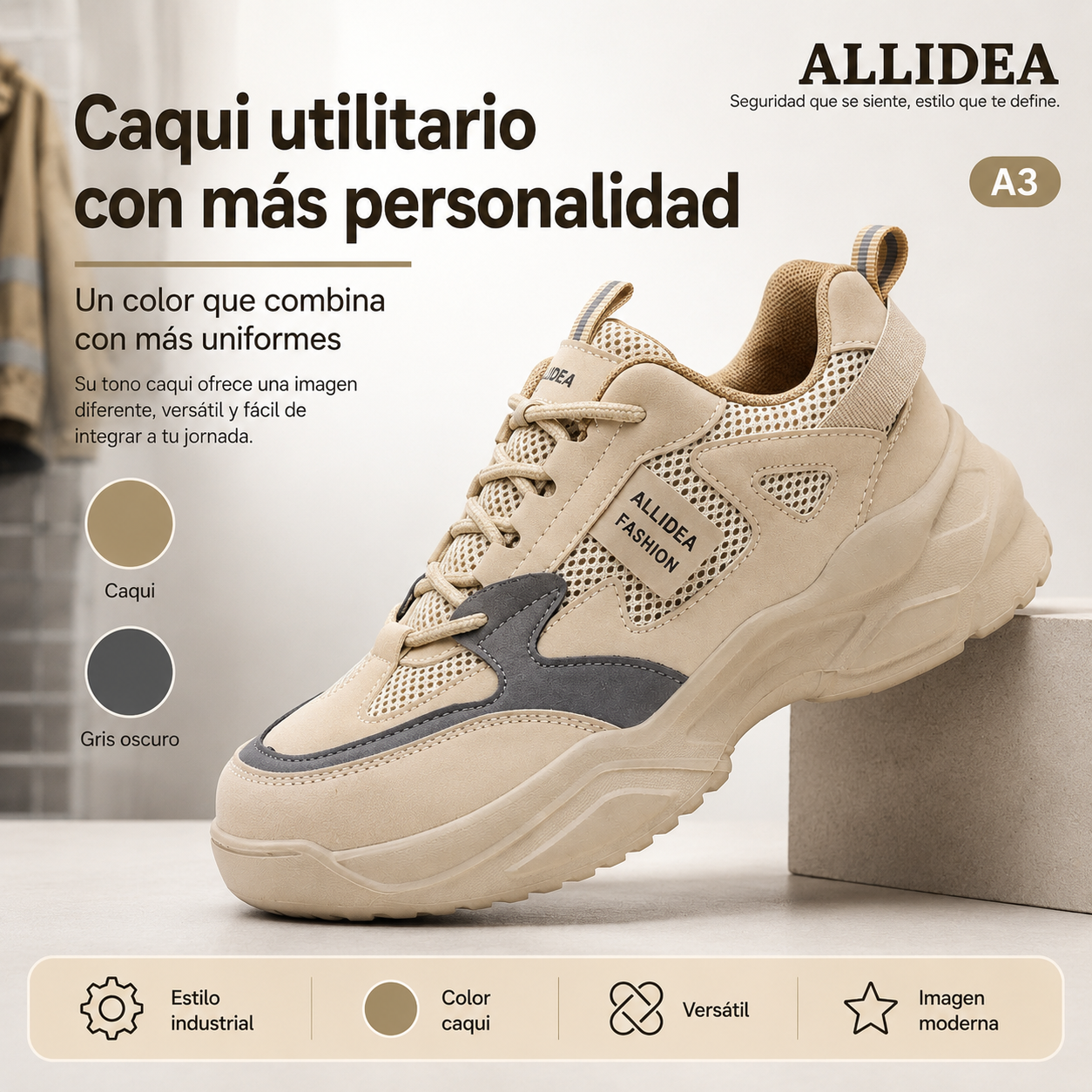 ALLIDEA A3 Caqui Zapato de Seguridad para Mujer Ligero Antiderrapante NOM-113
