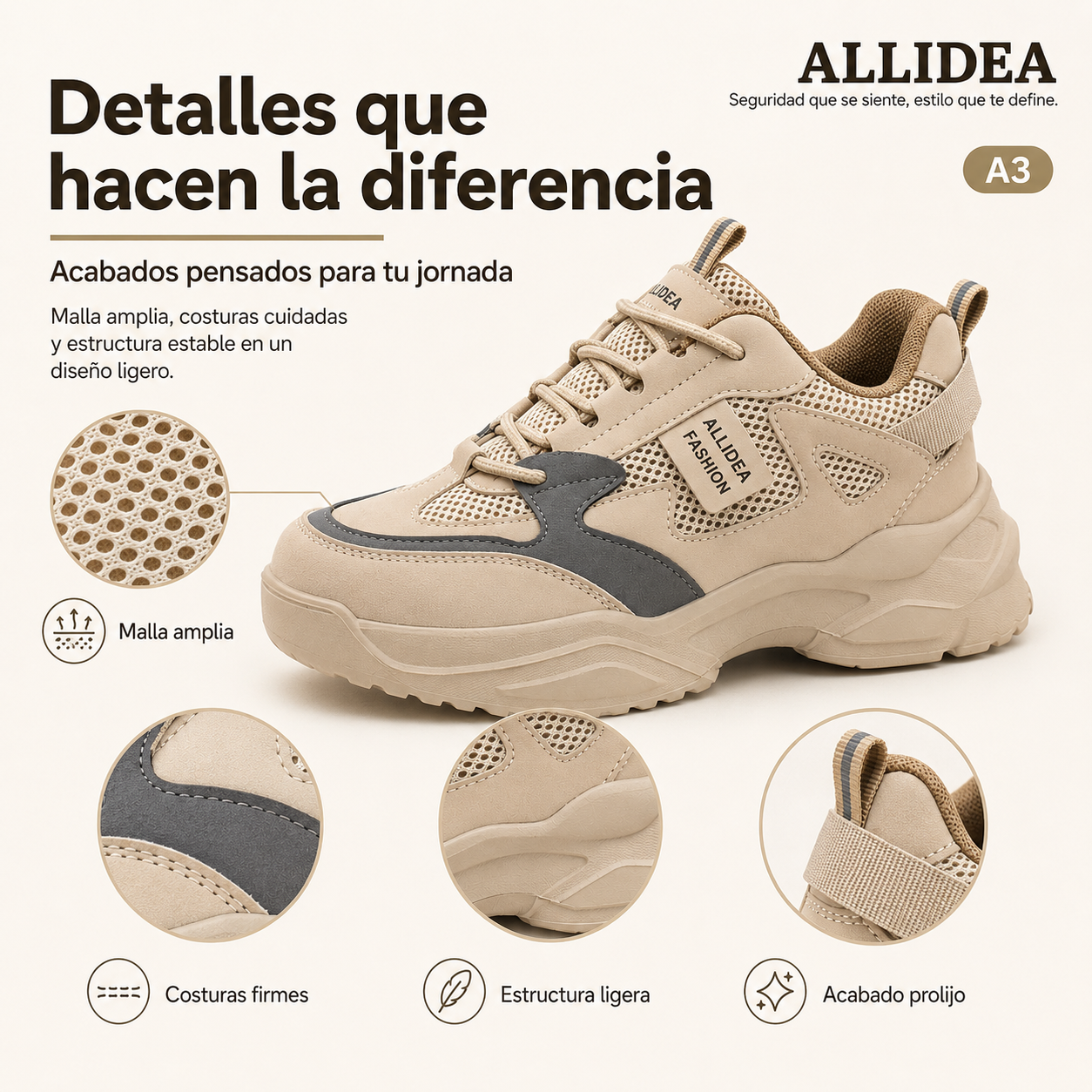 ALLIDEA A3 Caqui Zapato de Seguridad para Mujer Ligero Antiderrapante NOM-113