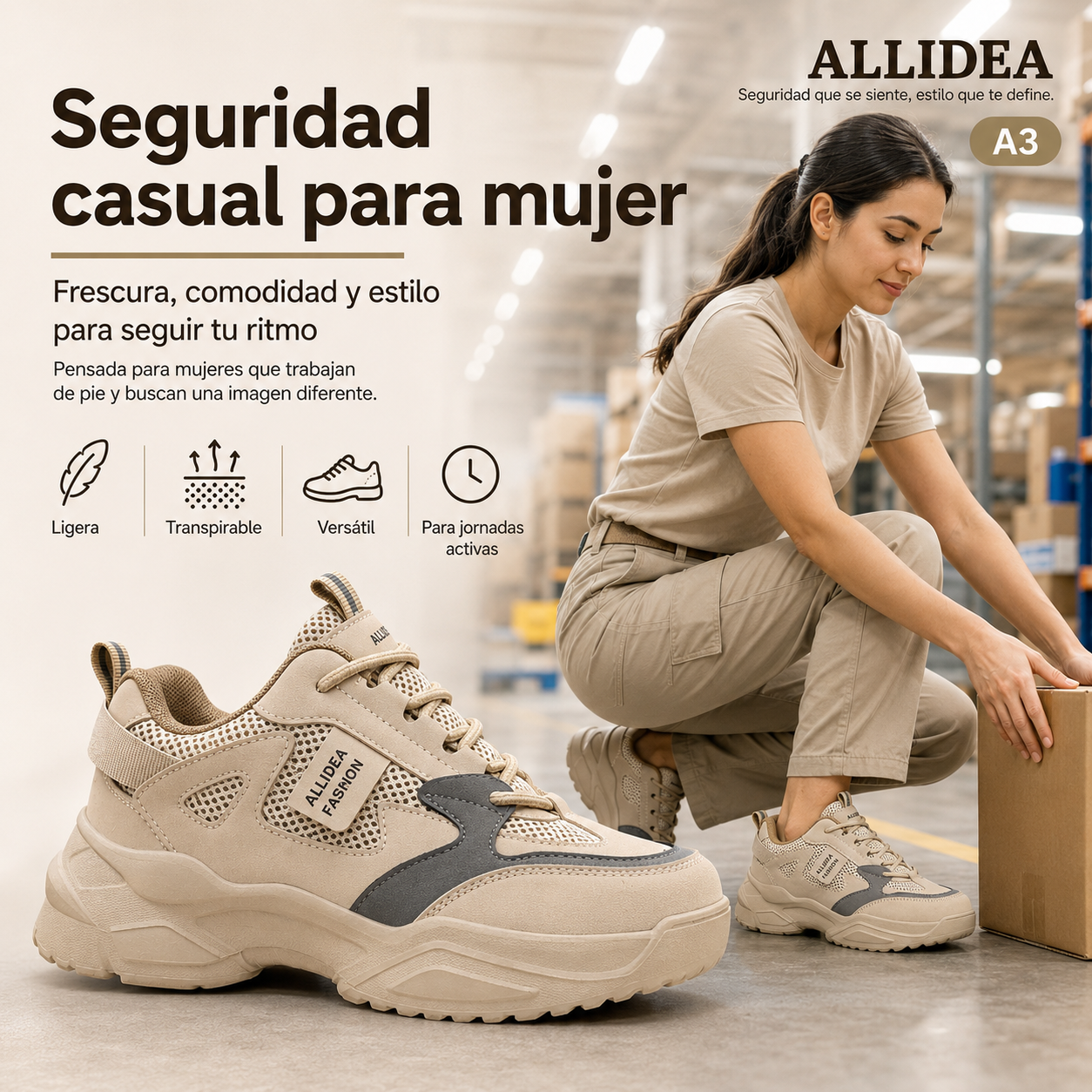 ALLIDEA A3 Caqui Zapato de Seguridad para Mujer Ligero Antiderrapante NOM-113