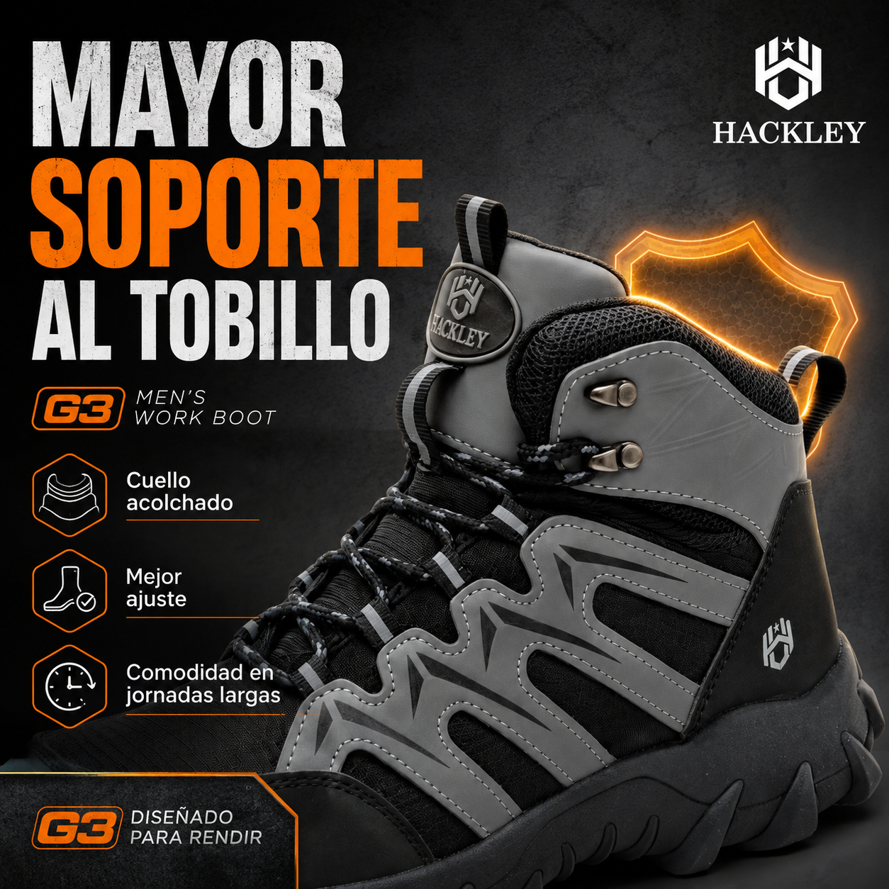 HACKLEY G3 Gris  Bota Industrial Alta Antiderrapante Punta de Acero NOM-113