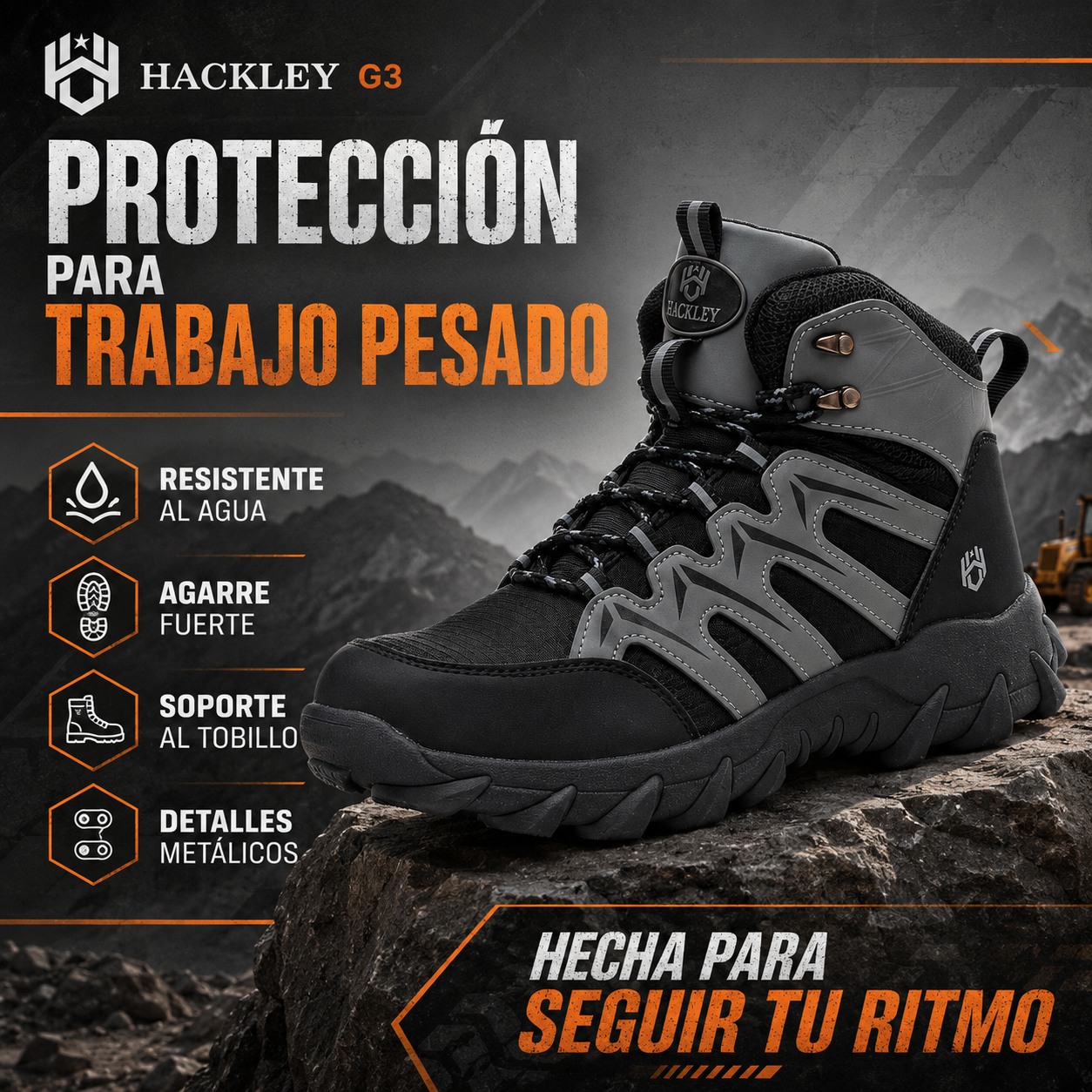 HACKLEY G3 Gris  Bota Industrial Alta Antiderrapante Punta de Acero NOM-113