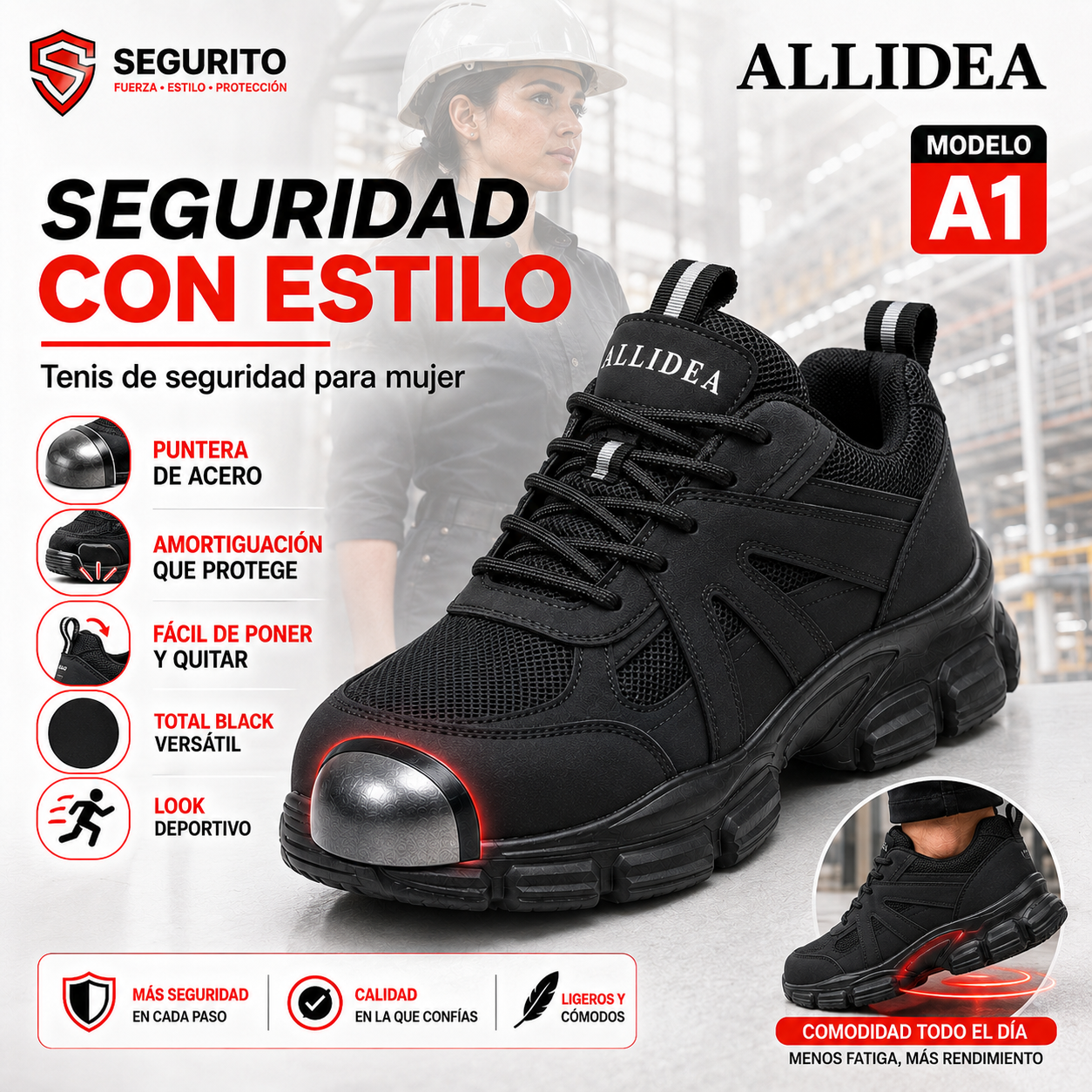 ALLIDEA A1 Negro | Zapatos de Seguridad para Mujer Deportivos Transpirables NOM-113