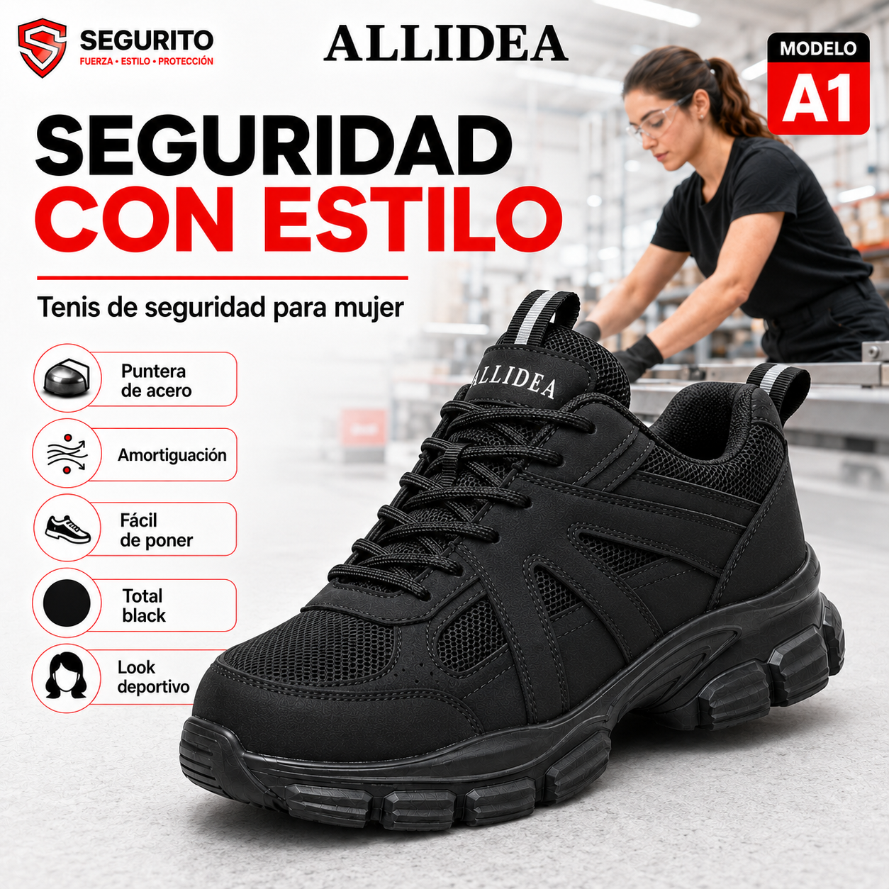 ALLIDEA A1 Negro | Zapatos de Seguridad para Mujer Deportivos Transpirables NOM-113
