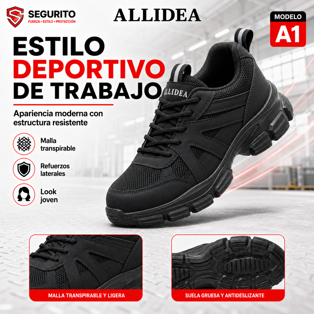 ALLIDEA A1 Negro | Zapatos de Seguridad para Mujer Deportivos Transpirables NOM-113