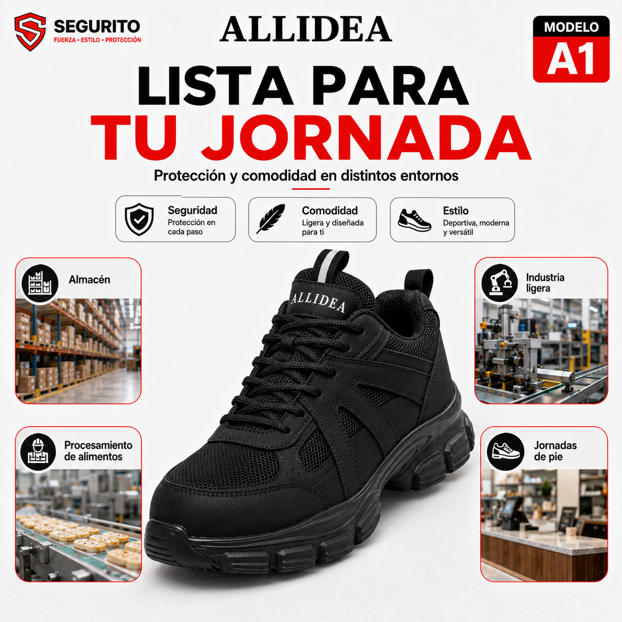 ALLIDEA A1 Negro | Zapatos de Seguridad para Mujer Deportivos Transpirables NOM-113