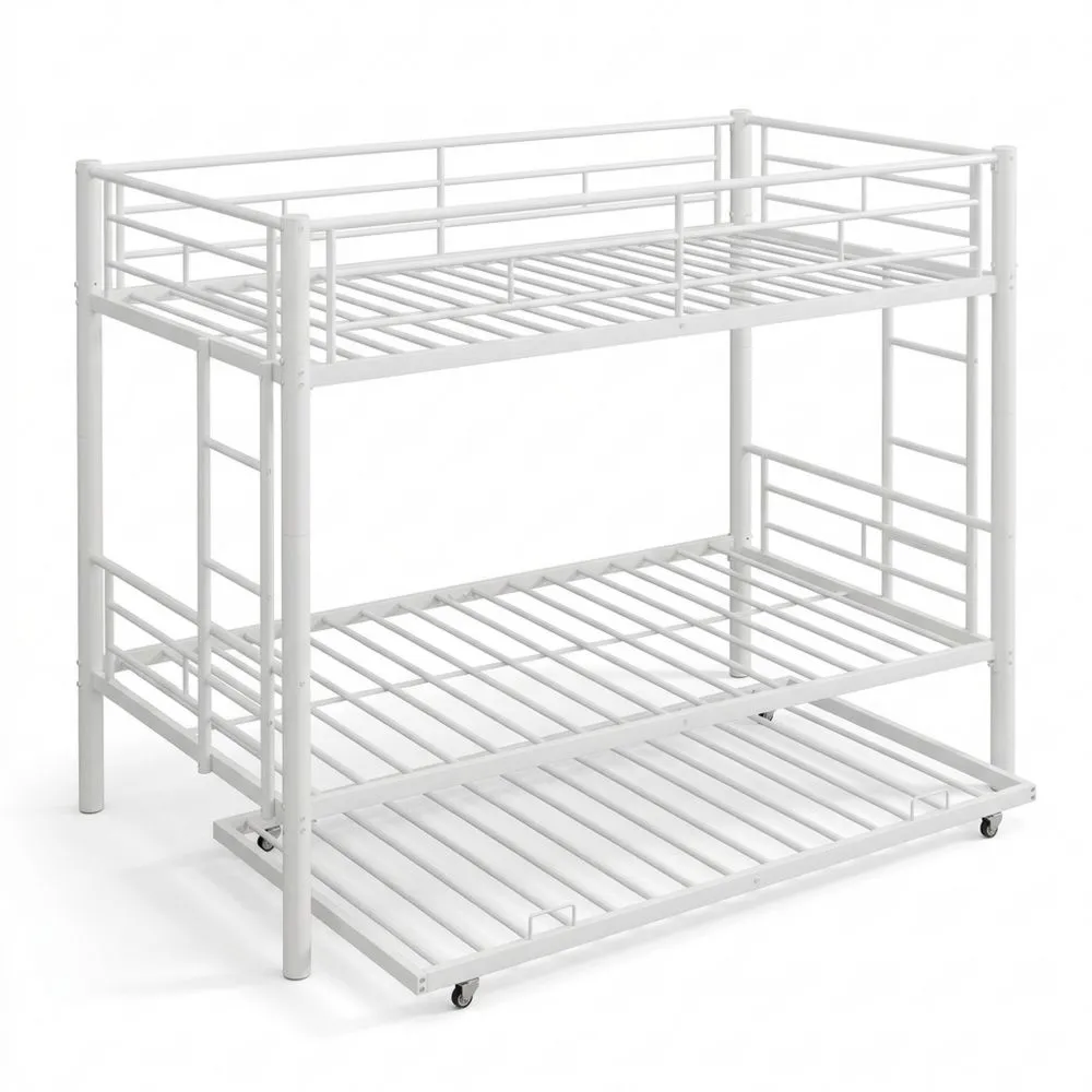 Litera de 3 Camas 90 x 190 cm con Cama Nido, Estructura Metálica con Barreras de Seguridad, Convertible en 3 Camas Individuales, Sin Colchón, Blanco