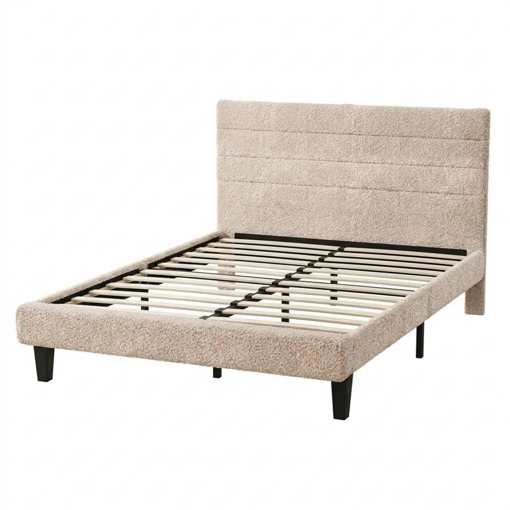 Cama Tapizada con Cabecero Acolchado en Bouclé, Estructura 140x200 cm, Somier de Montaje Rápido, Color Marfil