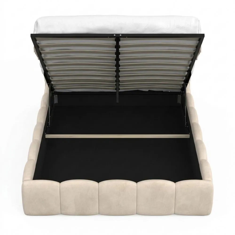Cama doble con cabecero acolchado y base de láminas 140 x 190 cm, terciopelo beige