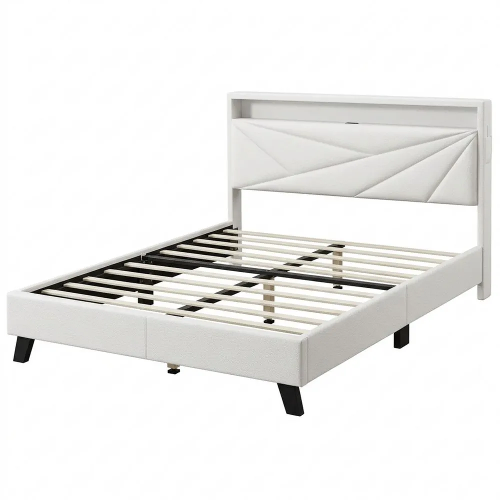 Camas 140 x 200 cm con iluminación LED, base de carga, tapizadas con somier, cabecero con almacenamiento, PU blanco